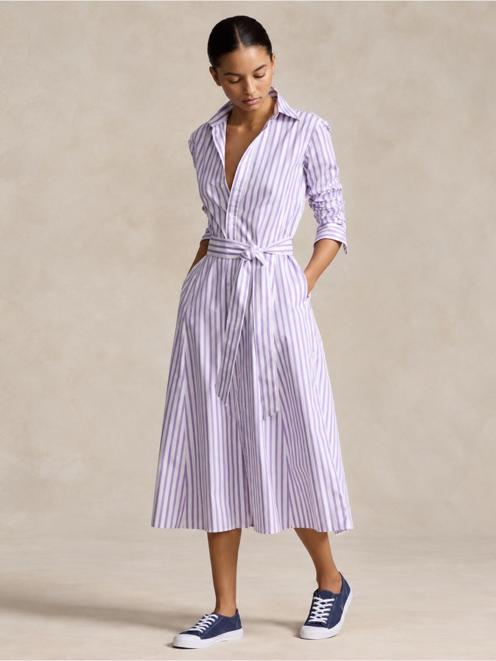 Ralph Lauren Belted Striped Cotton Shirtdress White Purple Size 8 NWT